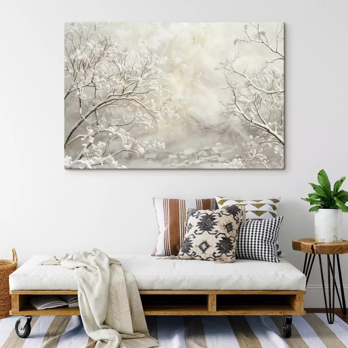 Glezna Ziemas zari ar sniegu uz ziemas ciemata fona s43321