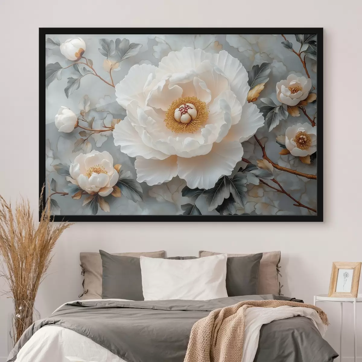 Plakāts Krāšņās peonijas uz lapu un mazu peoniju fona f43315