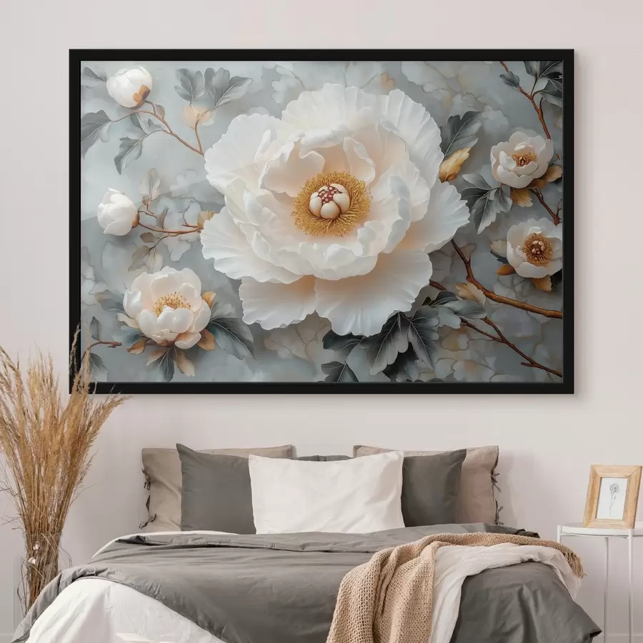 Fototapetes Krāšņās peonijas uz lapu un mazu peoniju fona f43315