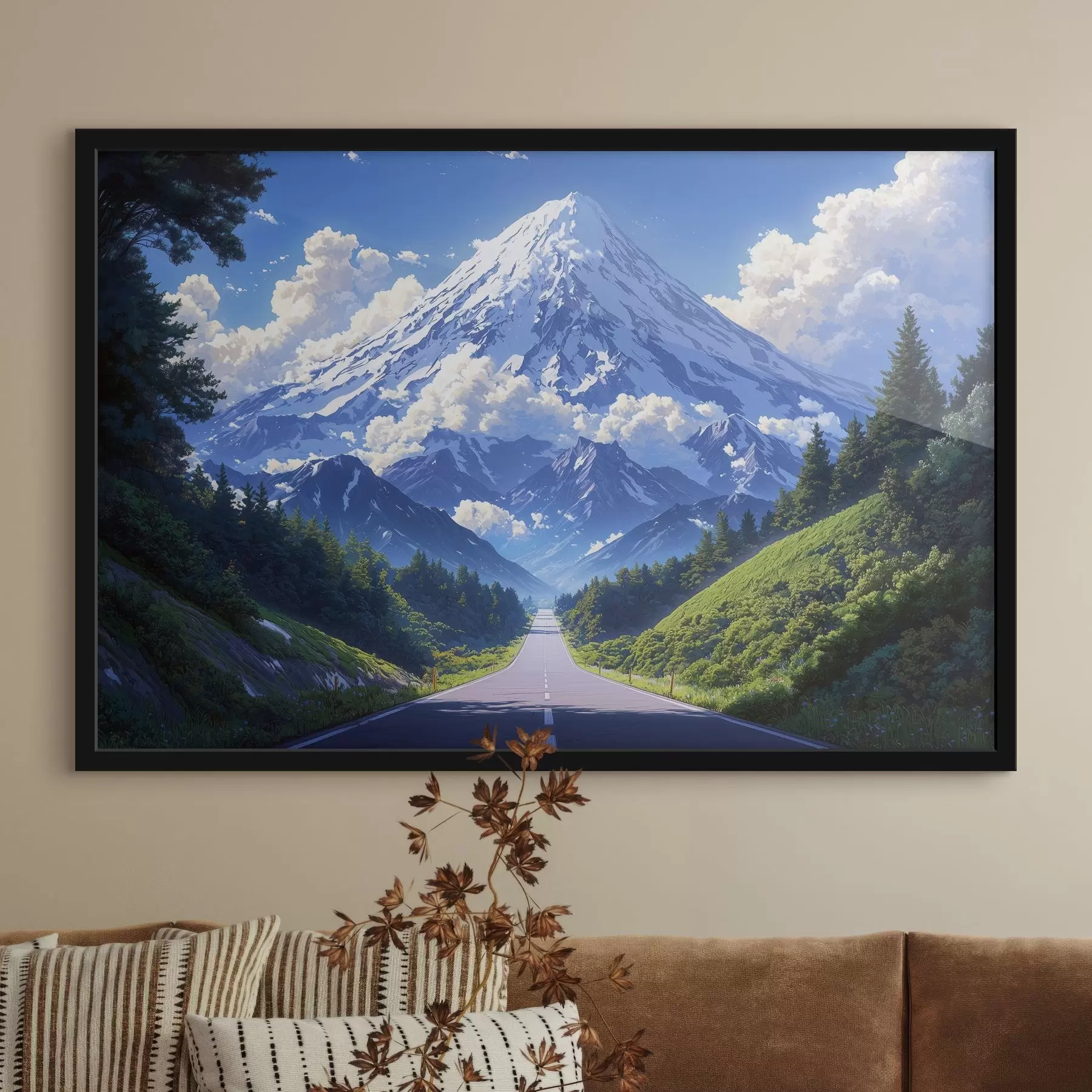 Fototapetes Ceļš uz kalniem ar mākoņiem un mežu visapkārt f43317