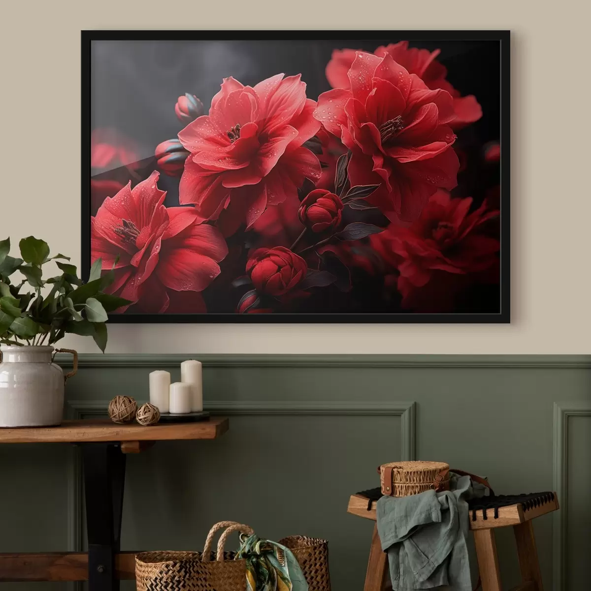 Plakāts Sarkani ziedi uz tumša fona f43318