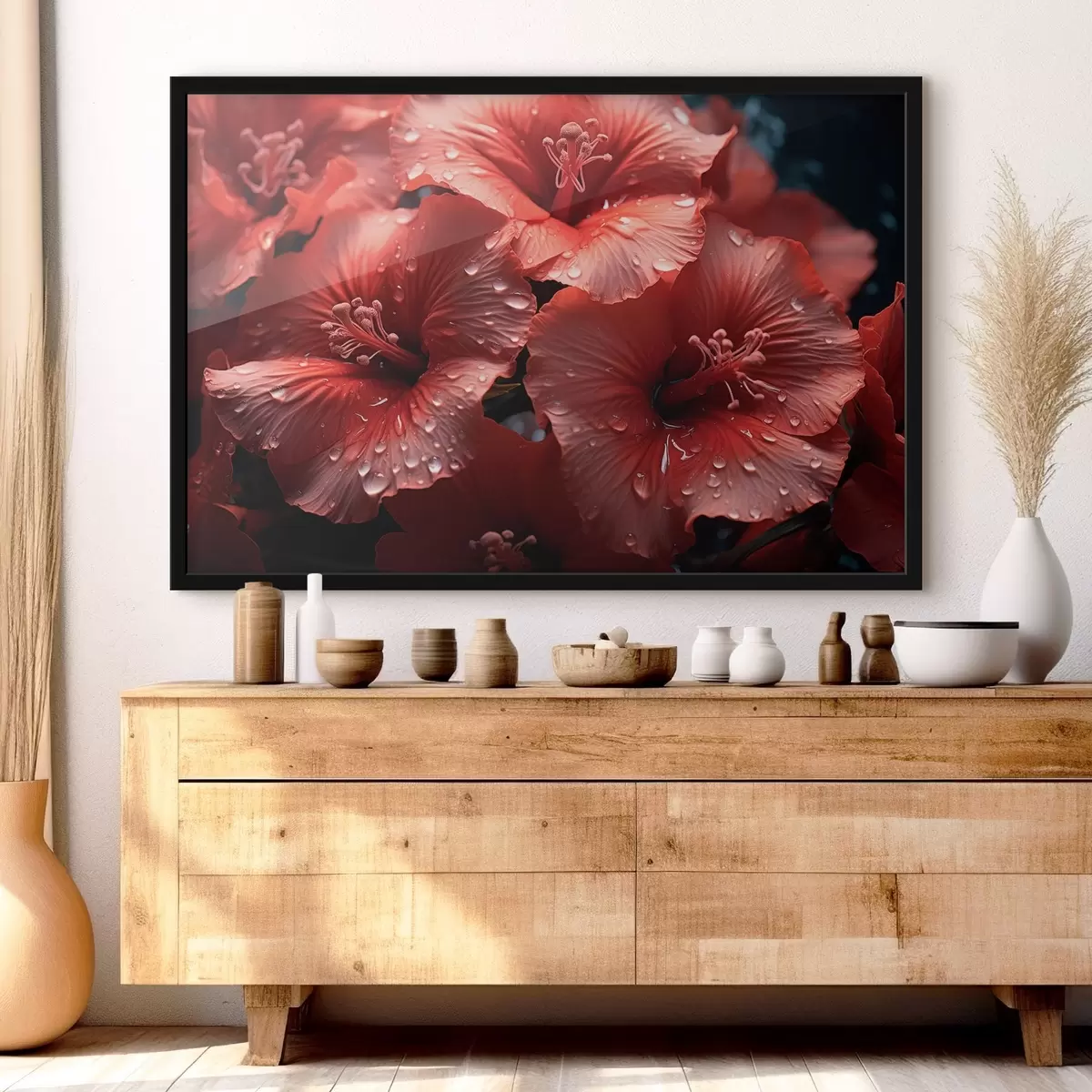 Plakāts Sarkani ziedi ar rasu uz ziedlapiņām f43319