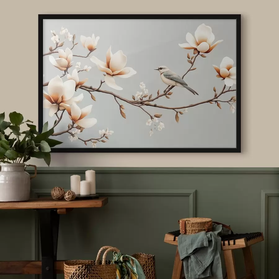 Fototapetes Putns uz zara ar magnolijām maigās pasteļtoņos f43320