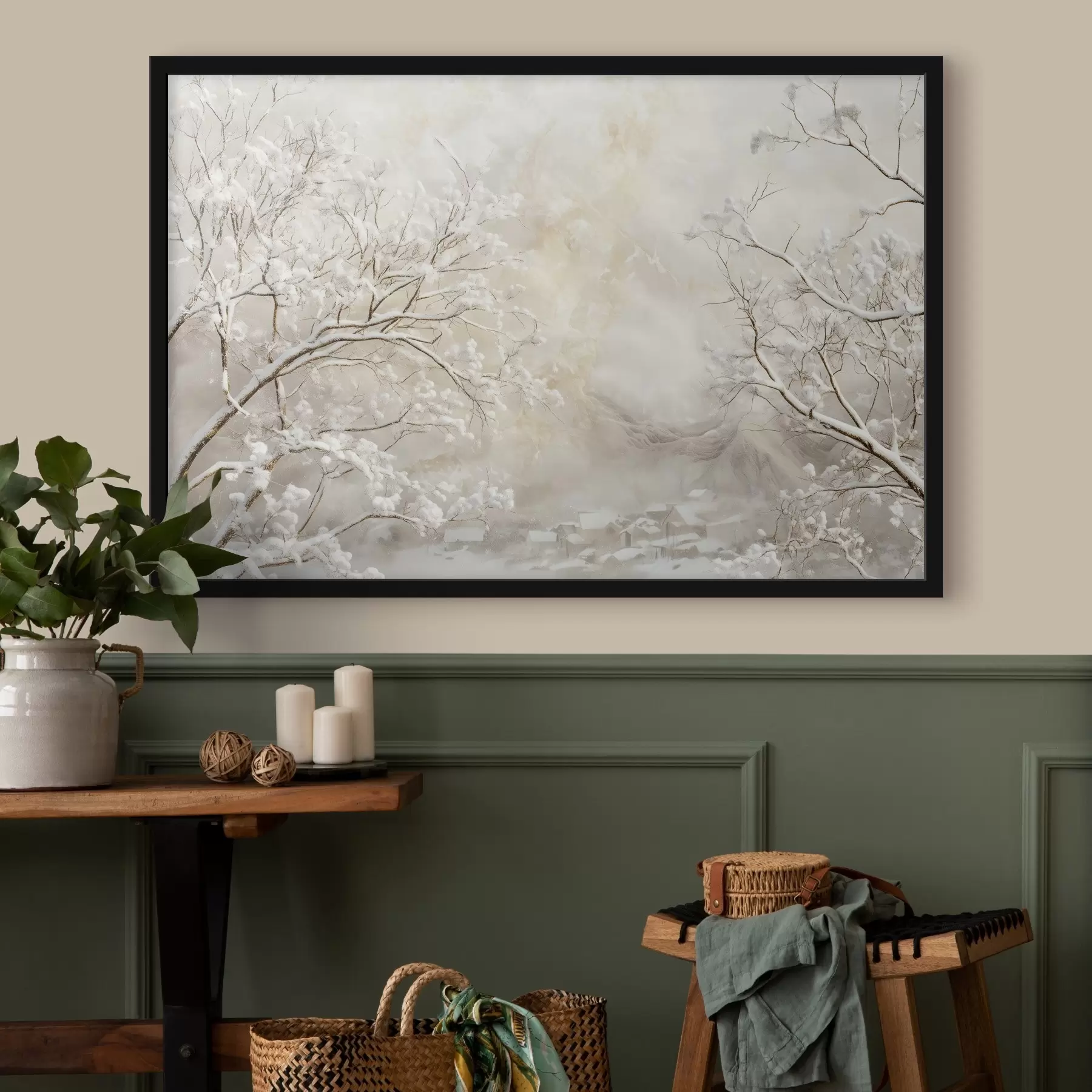 Fototapetes Ziemas zari ar sniegu uz ziemas ciemata fona f43321