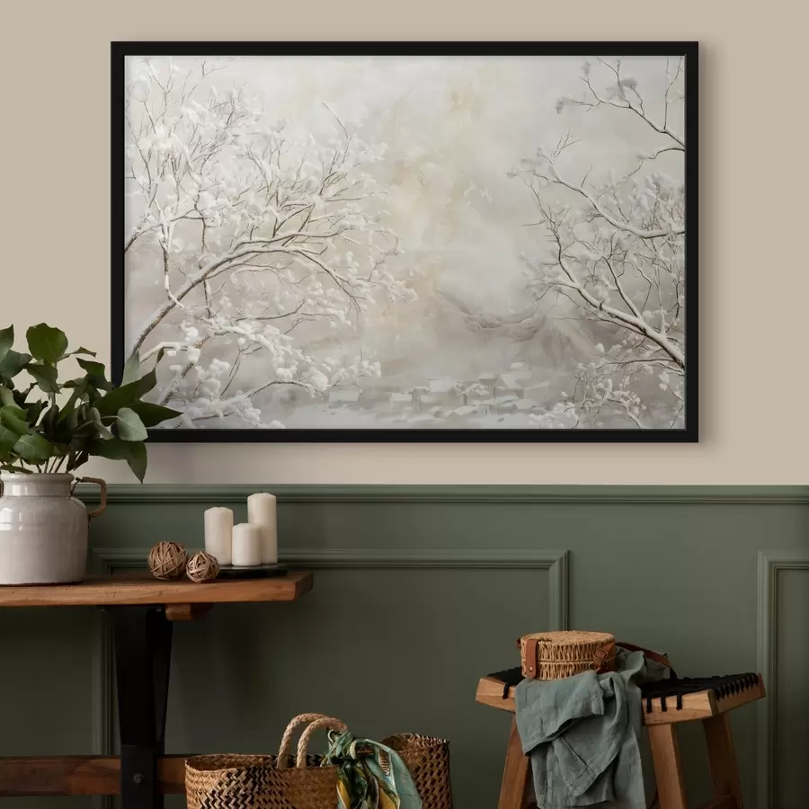 Fototapetes Ziemas zari ar sniegu uz ziemas ciemata fona f43321