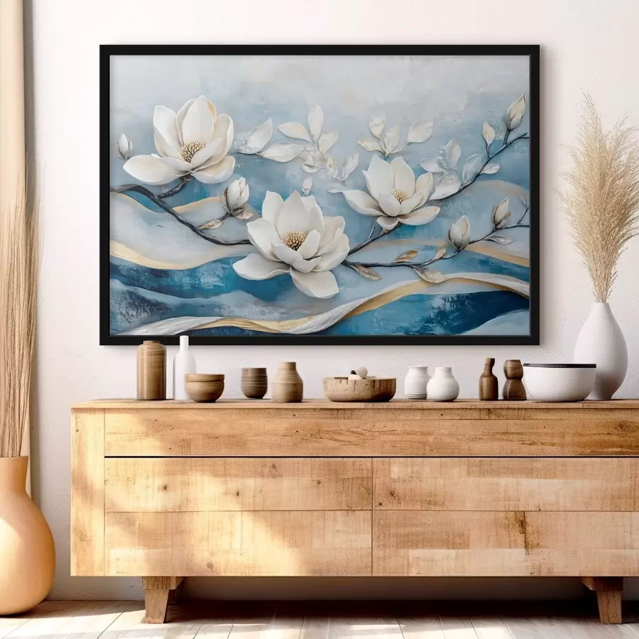 Fototapetes Magnolijas zars uz abstrakta zili dzeltena fona f43323