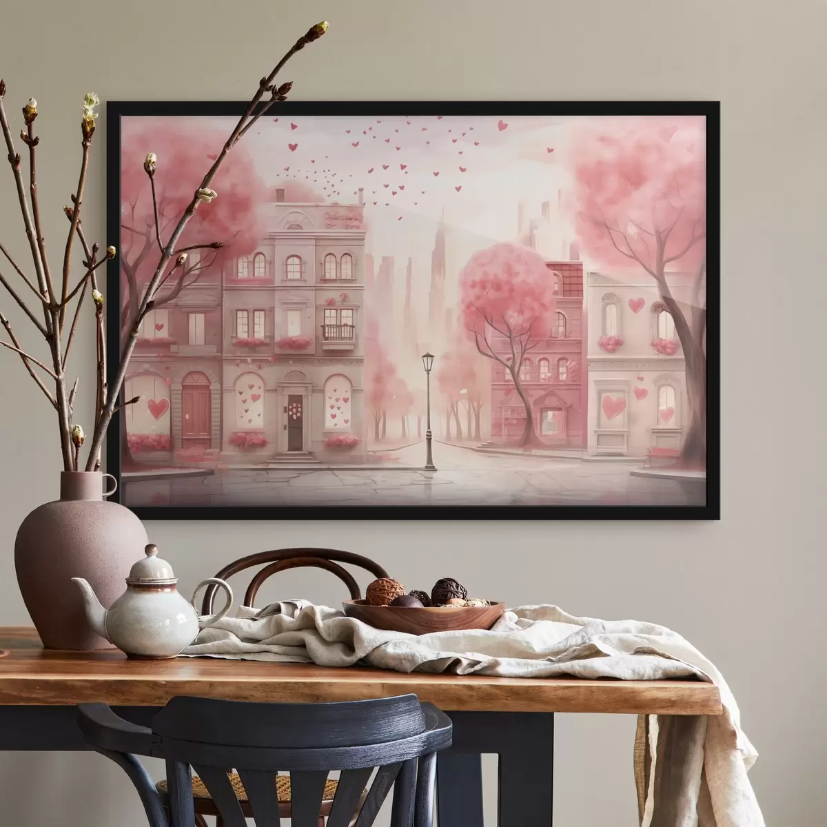 Plakāts Romantiska rozā iela ar sirsniņām f43324