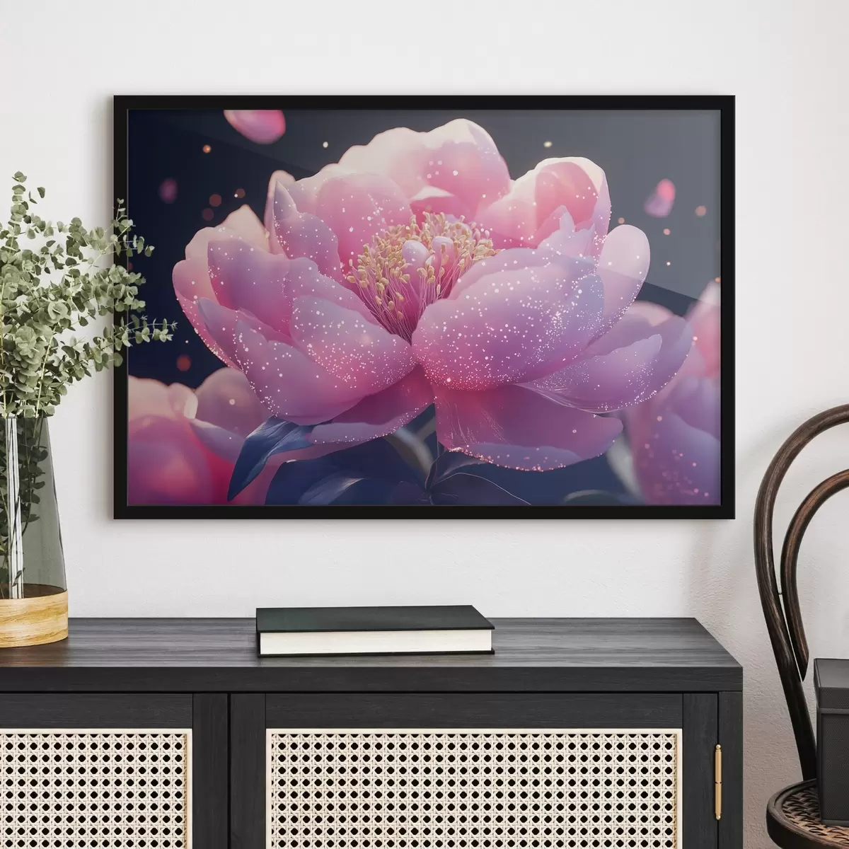 Plakāts Liels maigi rozā zieds ar saules stariem f43327