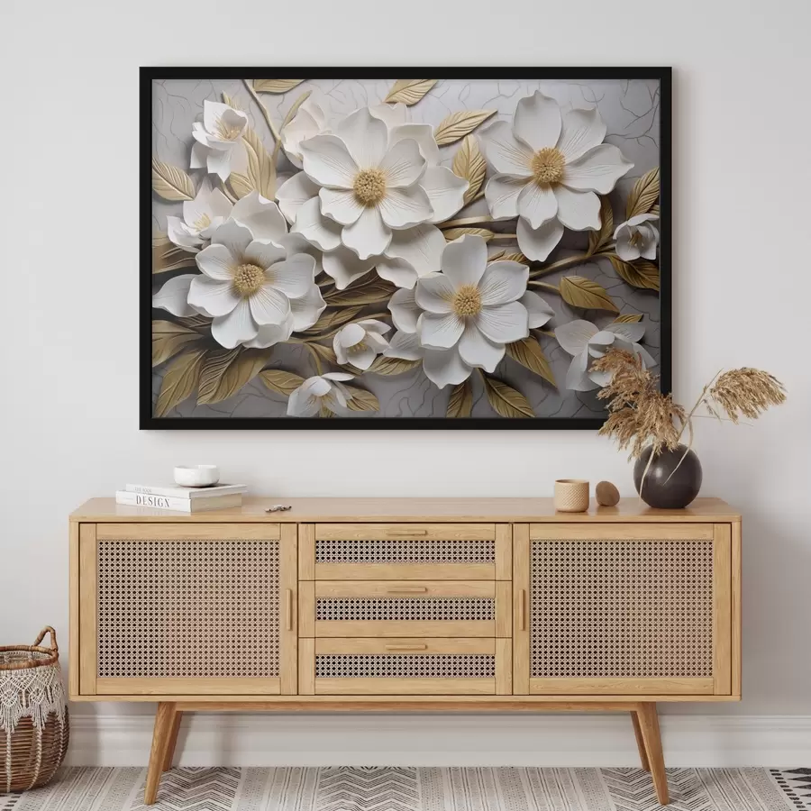 Fototapetes Balti ziedi reljefa freskas stilā ar dzeltenām lapām un kociņiem f43330