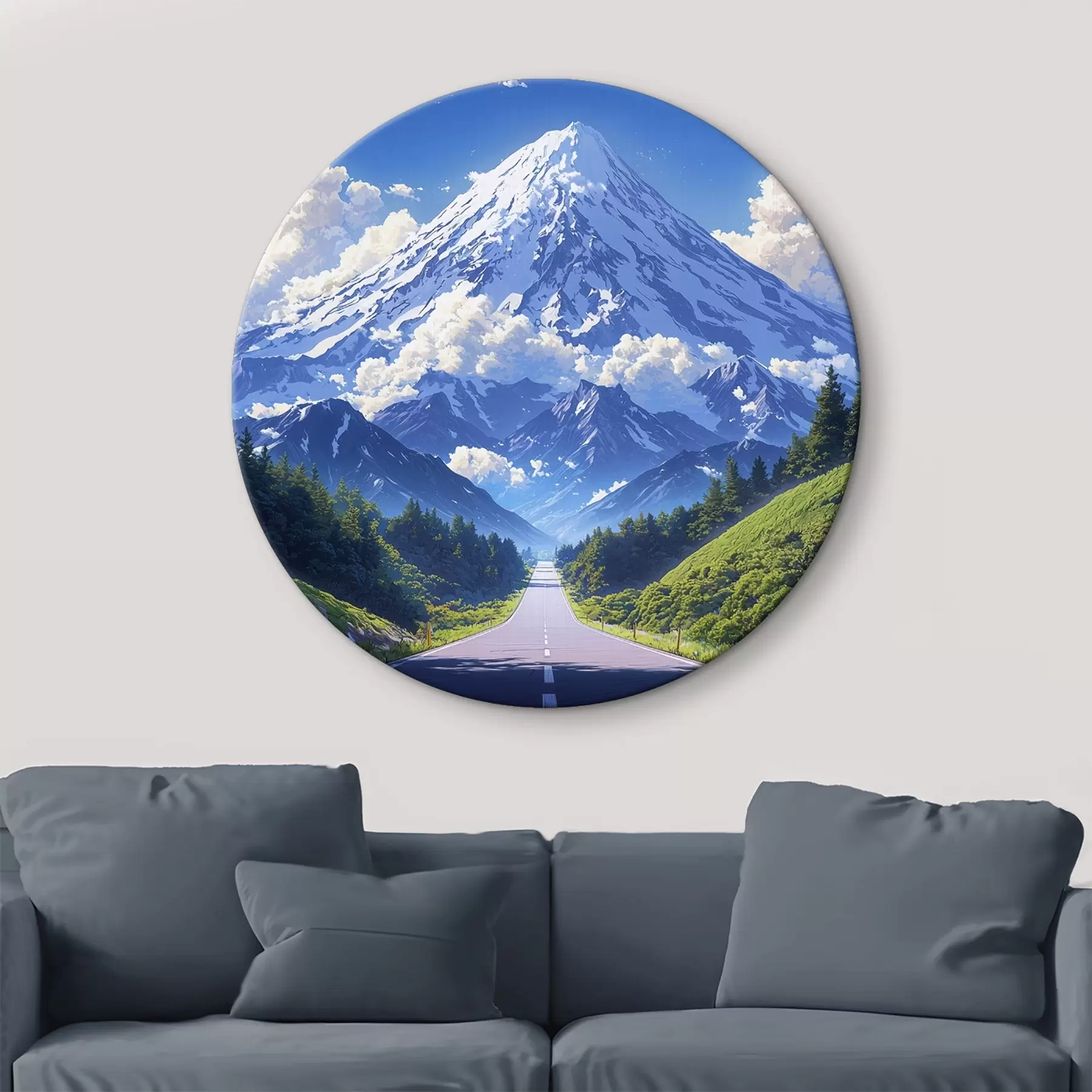 Glezna Ceļš uz kalniem ar mākoņiem un mežu visapkārt r43317