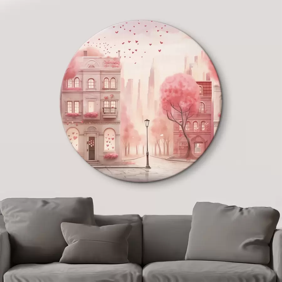 Glezna Romantiska rozā iela ar sirsniņām r43324