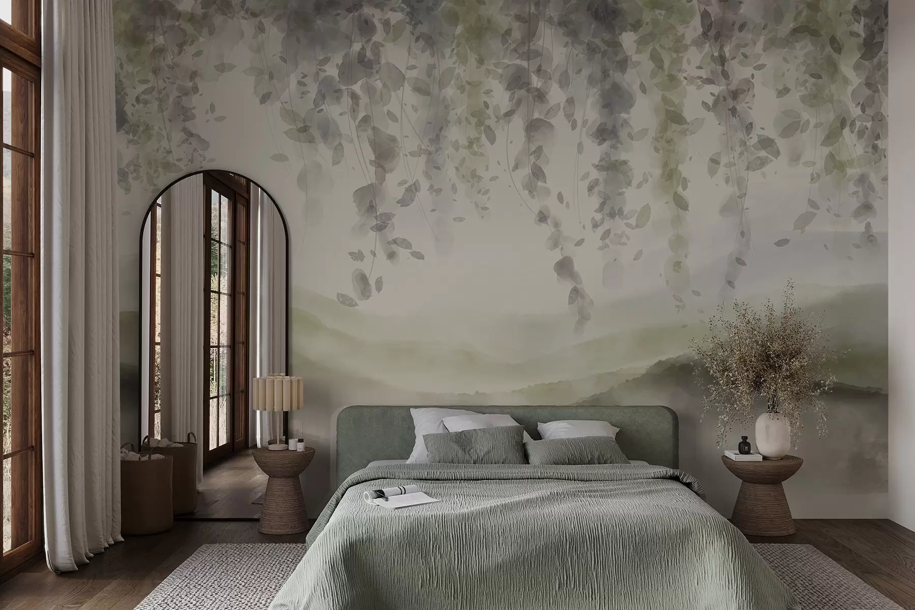 Fototapetes Vistērijas lapas, kas karājas virs zilganiem kalniem, maigas pasteļzaļas un bēšas krāsas, akvareļu stila ainava w08909v2