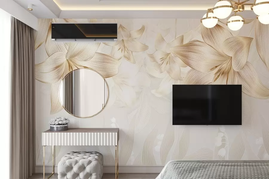 Fototapetes Dzeltenas lilijas ar sarežģītām līniju detaļām, eleganta ziedu kompozīcija, neitrāla krāsu palete w08912