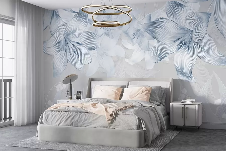 Fototapetes Zilas lilijas ar sarežģītām līniju detaļām, elegants ziedu kompozīcija, neitrāla krāsu palete w08912v1