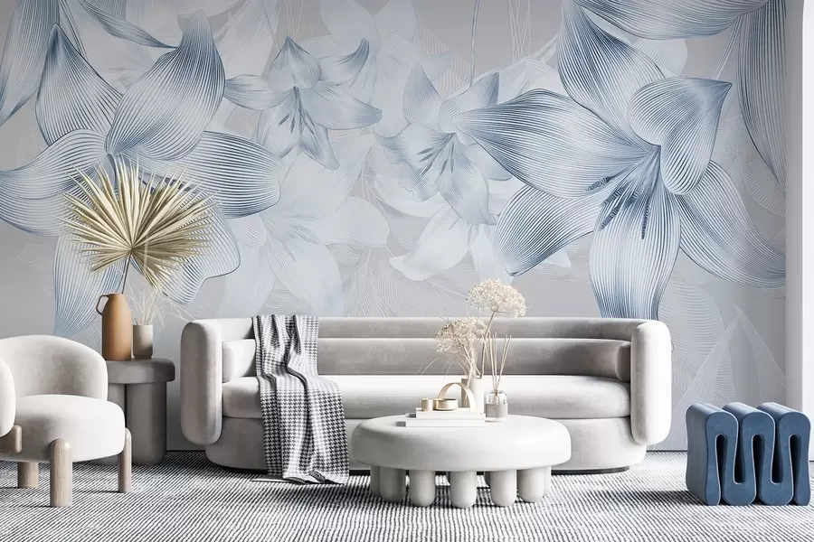 Fototapetes Zilas lilijas ar sarežģītām līniju detaļām, elegants ziedu kompozīcija, neitrāla krāsu palete w08912v1