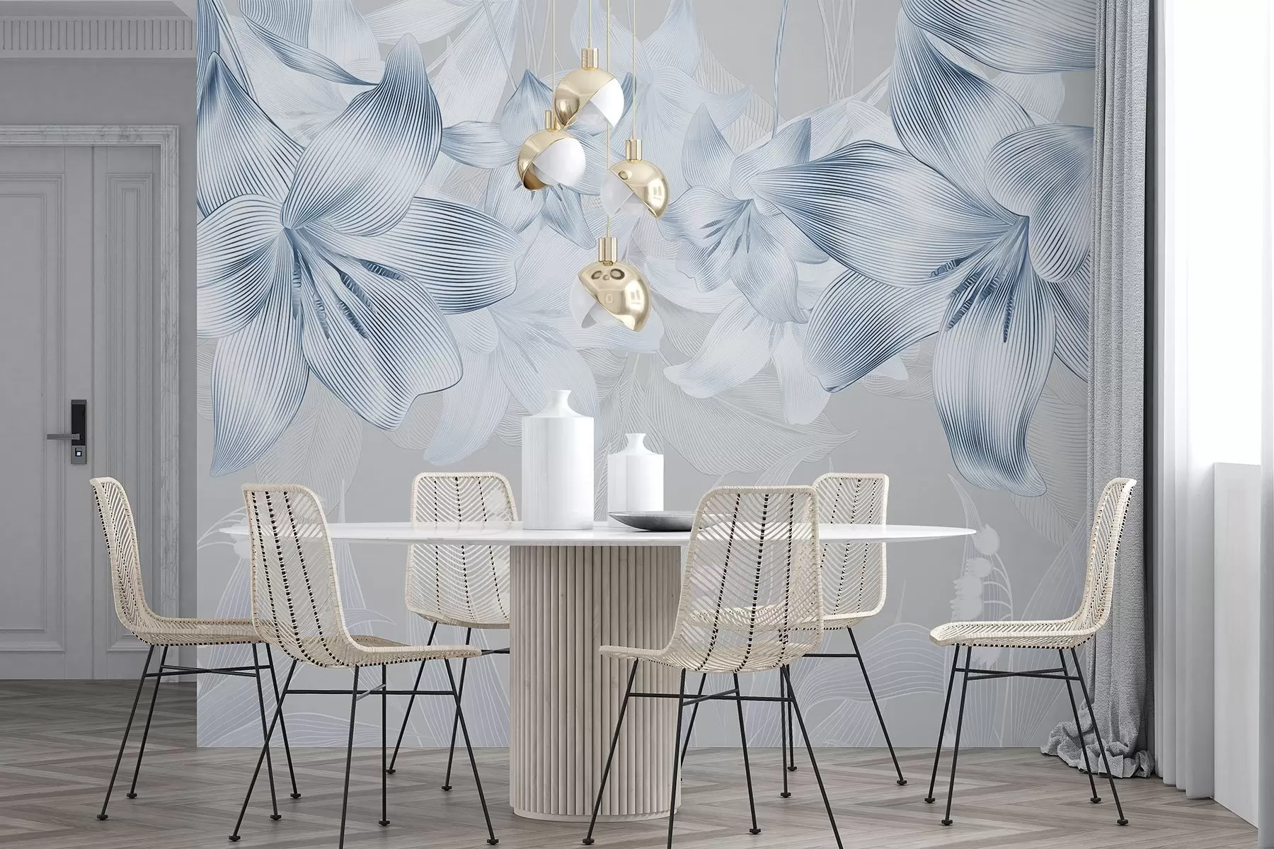 Fototapetes Zilas lilijas ar sarežģītām līniju detaļām, elegants ziedu kompozīcija, neitrāla krāsu palete w08912v1