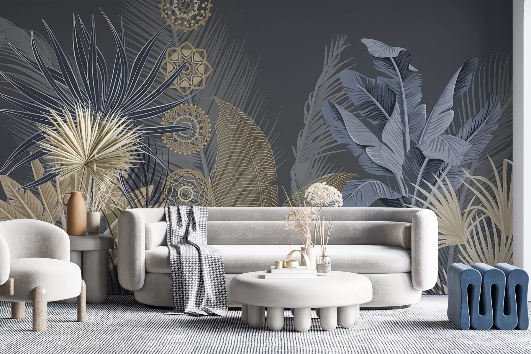 Fototapetes Tropu lapas zilos un brūnos toņos, palmu lapas, banānu lapas un mandalu ornamenti, tumšs fons w08913
