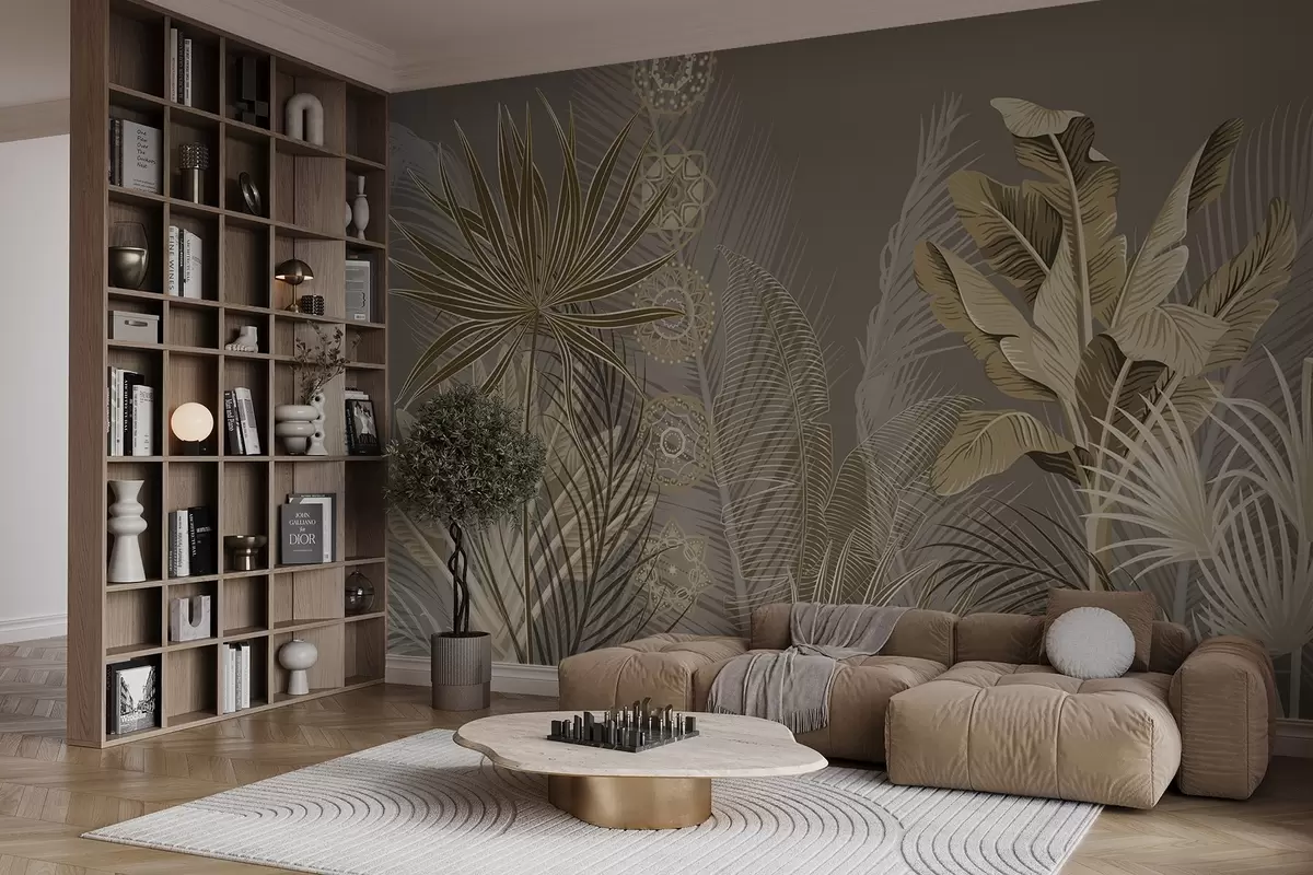 Fototapetes Tropu lapas bēšos un brūnos toņos, palmu lapas, banānu lapas un mandalu ornamenti, tumšs fons w08913v1