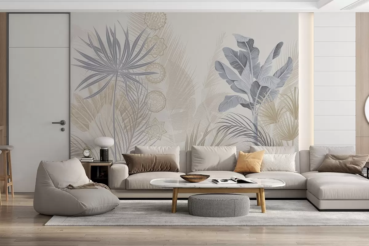 Fototapetes Tropu lapas zilos un bēšos toņos, palmu lapas, banānu lapas un mandalu ornamenti, gaišs fons w08913v2