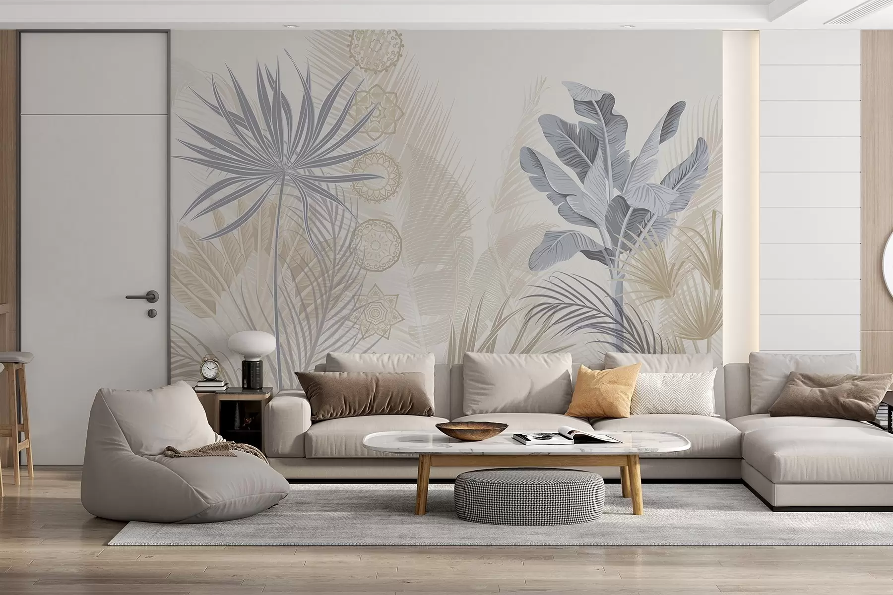 Fototapetes Tropu lapas zilos un bēšos toņos, palmu lapas, banānu lapas un mandalu ornamenti, gaišs fons w08913v2