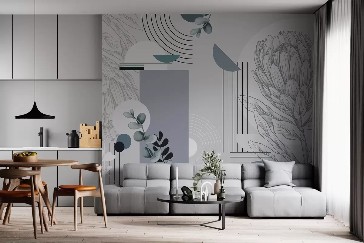 Fototapetes Abstraktā botāniskā apdruka ar proteja ziedu, eikalipta lapām, ģeometriskām formām minimālisma stilā, pasteļtoņos w08914v1