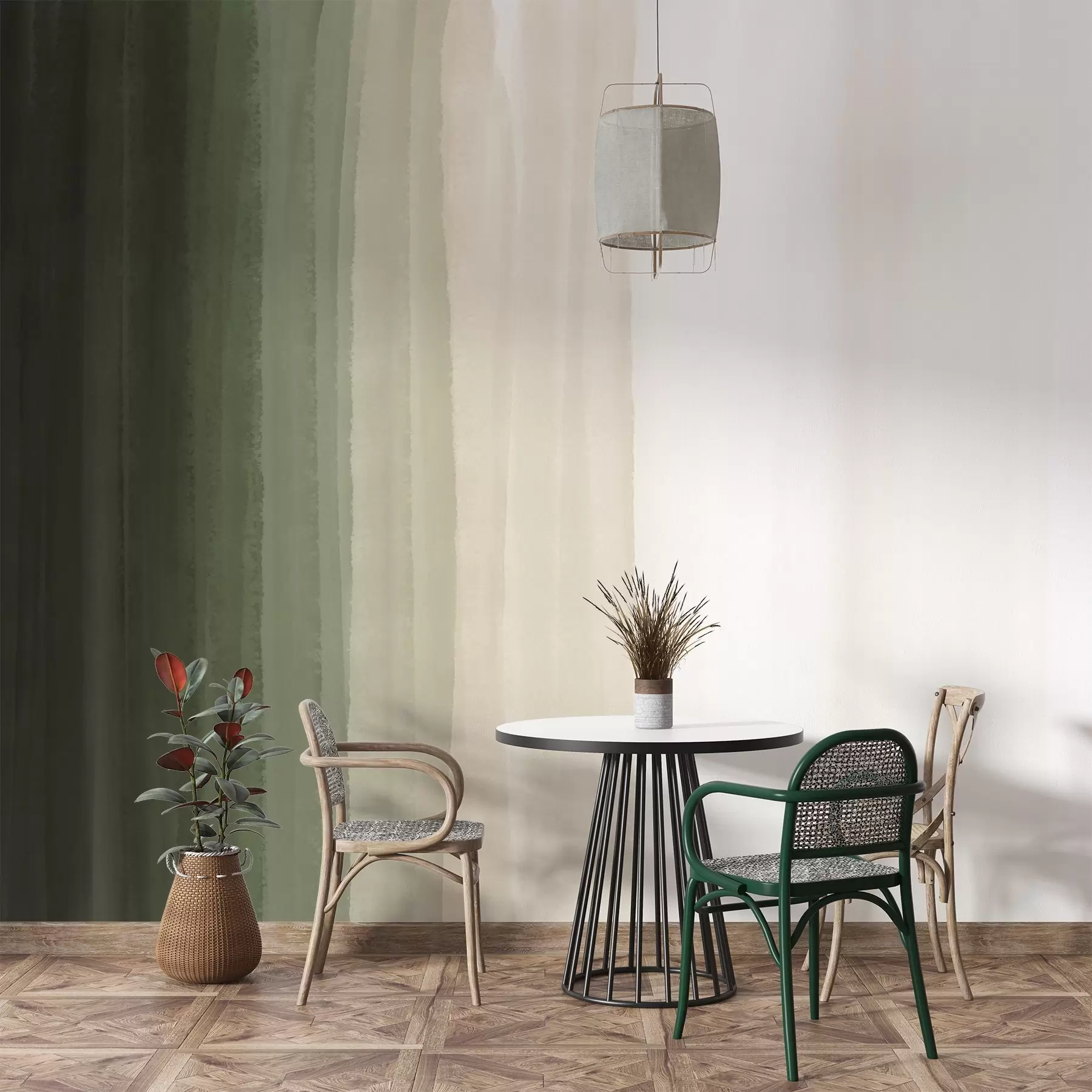 Fototapetes Abstrakta minimālistiska gradientu apdruka ar vertikālām tumši zaļas, bēšas un baltas krāsas svītrām  w08915