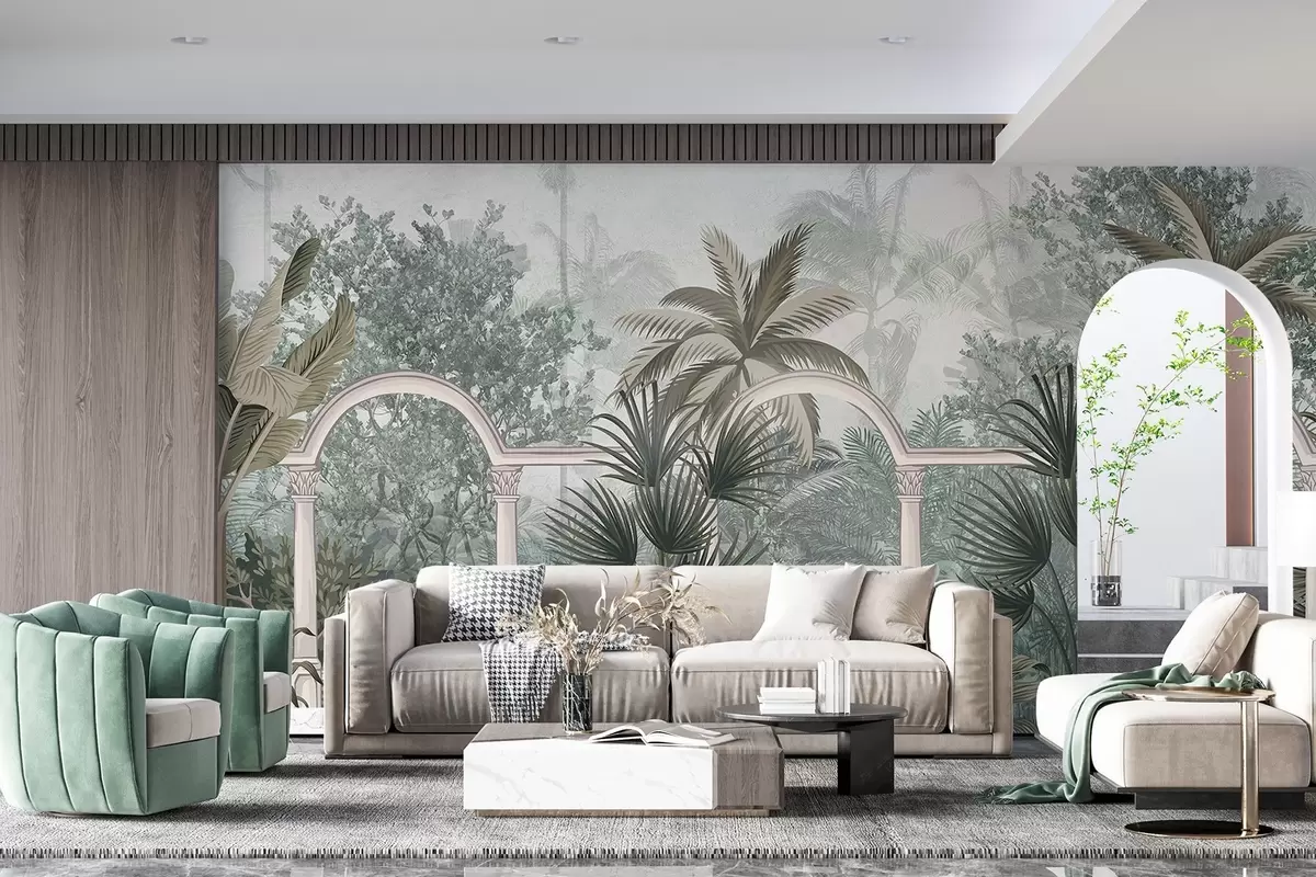 Fototapetes Tropu tekstūras dārzs ar palmām un sulīgu veģetāciju, balustrādes ar arkām, pieklusinātas krāsas, vintage stils w08916