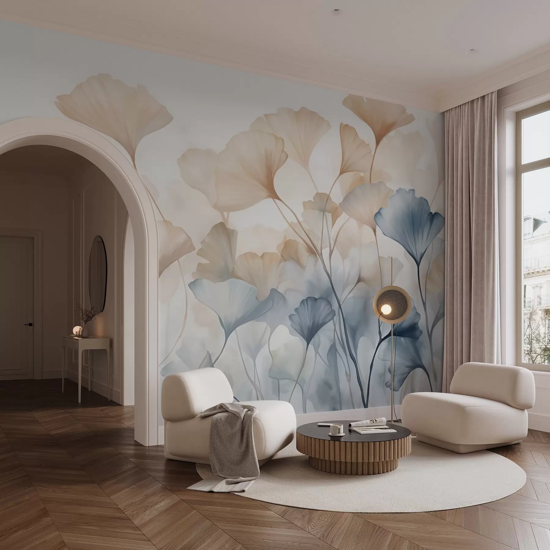 Glezna Ginkgo lapas zilā un oranžā akvarelī, caurspīdīgi ziedlapiņas, maigi kātiņi, maiga krāsu palete w08917