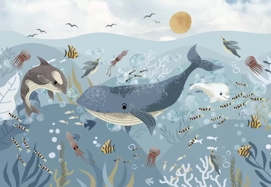 Fototapetes Bērnu ilustrācija gudrs izdruka ar zilu valis ieskauj zivis, kalmāri, medūzas zilā okeānā ar burbuļiem w08921