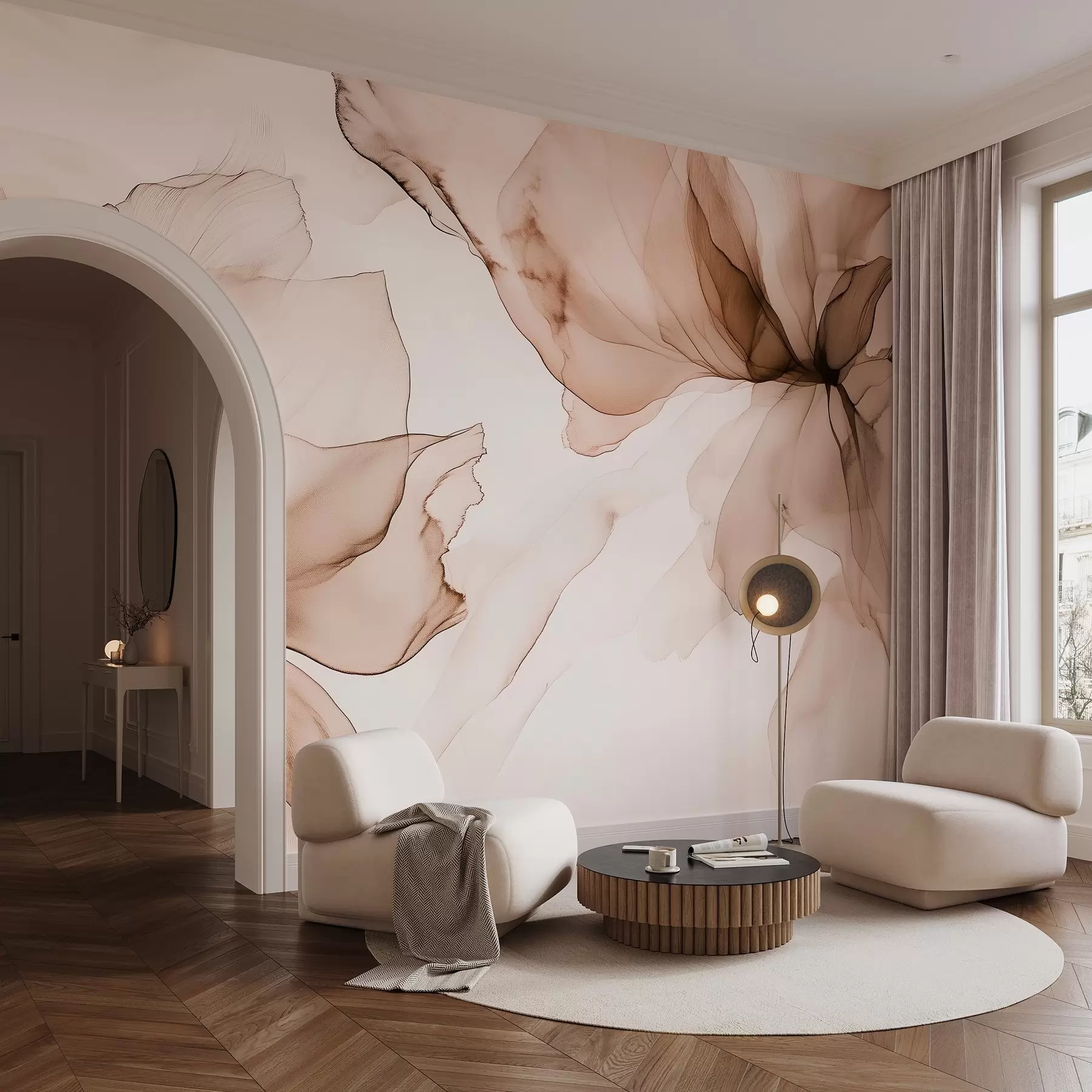 Fototapetes Plūstoša stila ziedi, ziedu abstrakcija, akvarelis, bēša krāsu palete  w03406v3