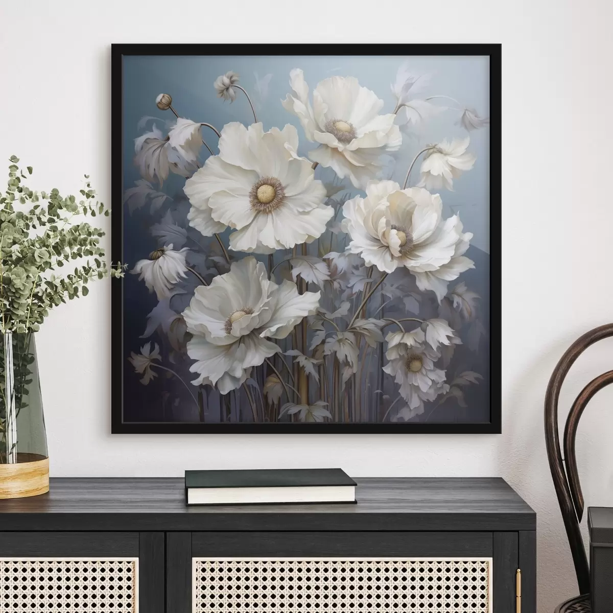Plakāts Balts peoniju pušķis uz zila fona gleznošanas stilā f43370