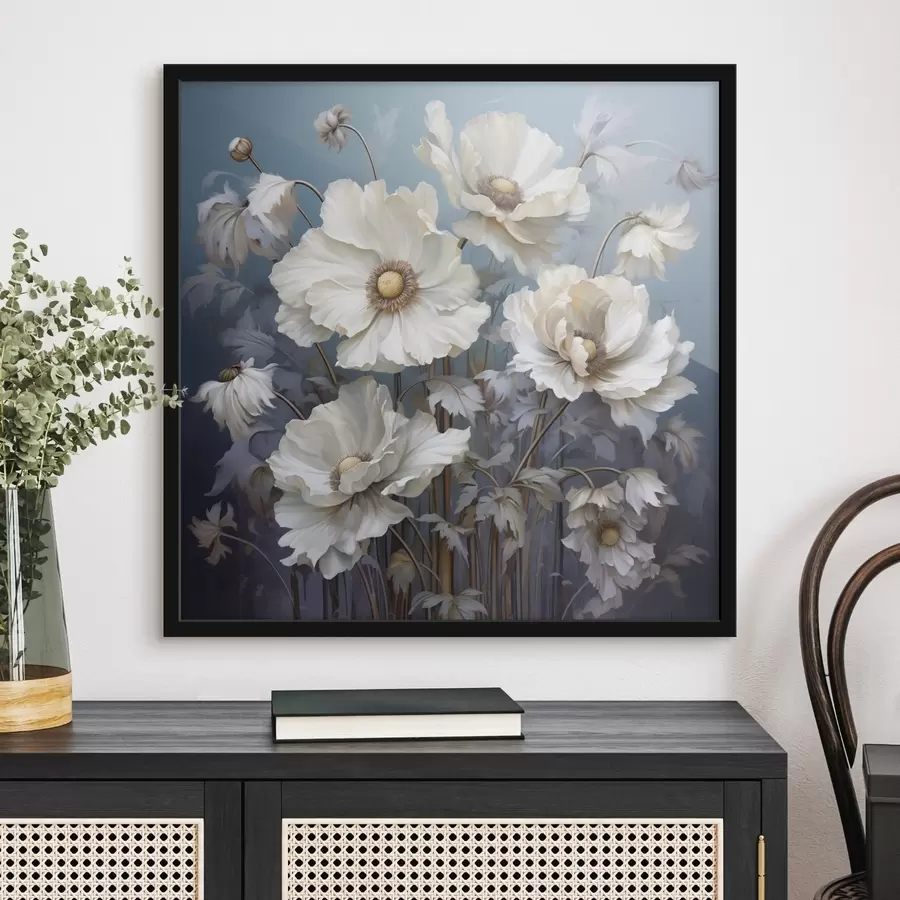 Fototapetes Balts peoniju pušķis uz zila fona gleznošanas stilā f43370