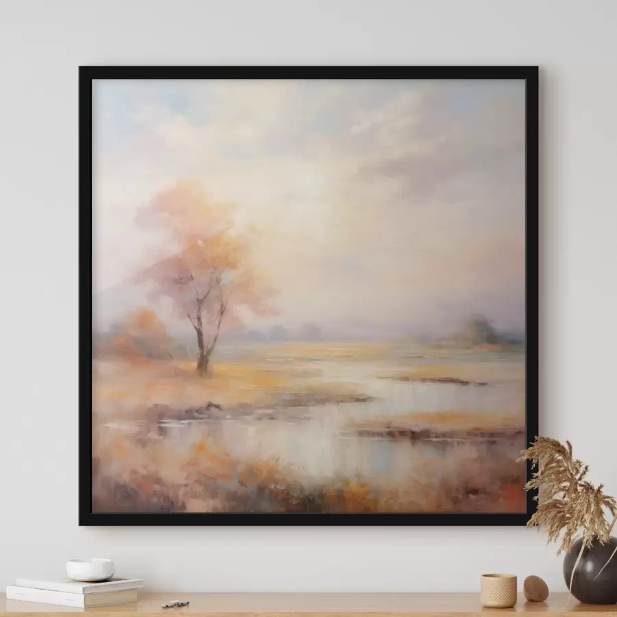 Fototapetes Ainava siltos toņos ar upi un koku f43375