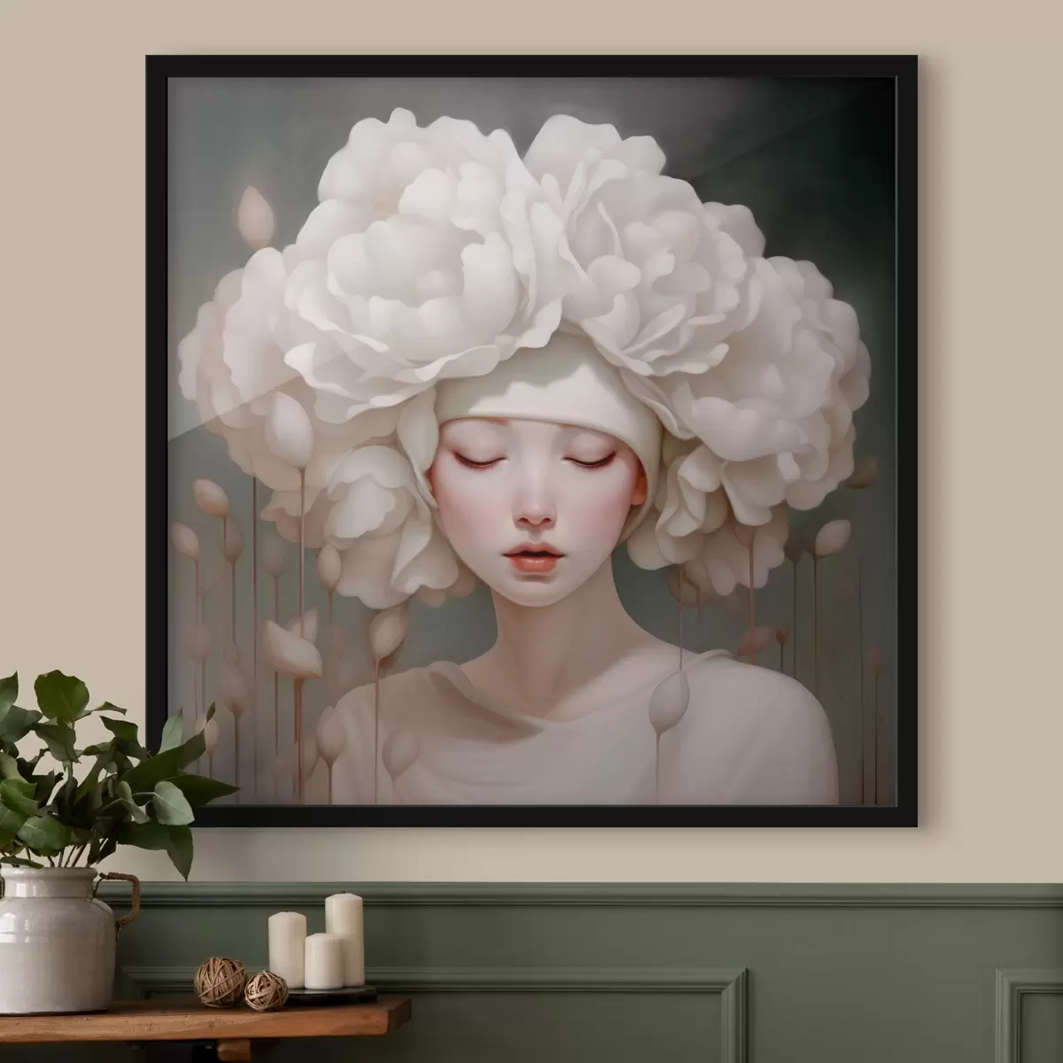 Plakāts Meitene ar ziediem uz galvas maigos toņos f43385