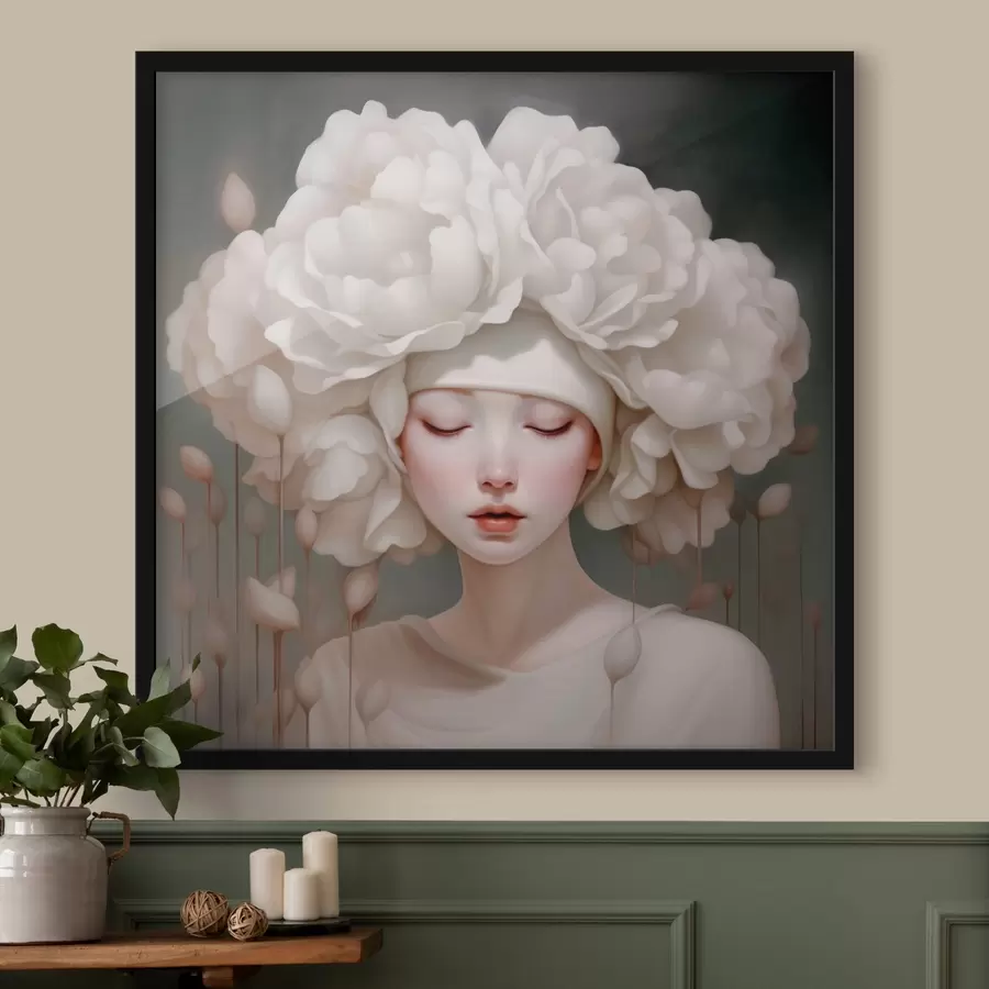 Fototapetes Meitene ar ziediem uz galvas maigos toņos f43385