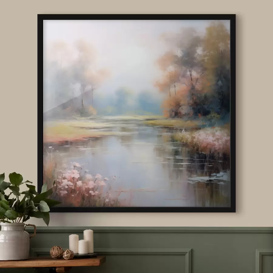 Fototapetes Meža daba ar upi, ziediem un kokiem f43386