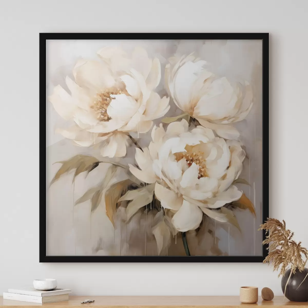 Plakāts Delikātas peonijas neitrālos toņos abstraktā glezniecības stilā f43387