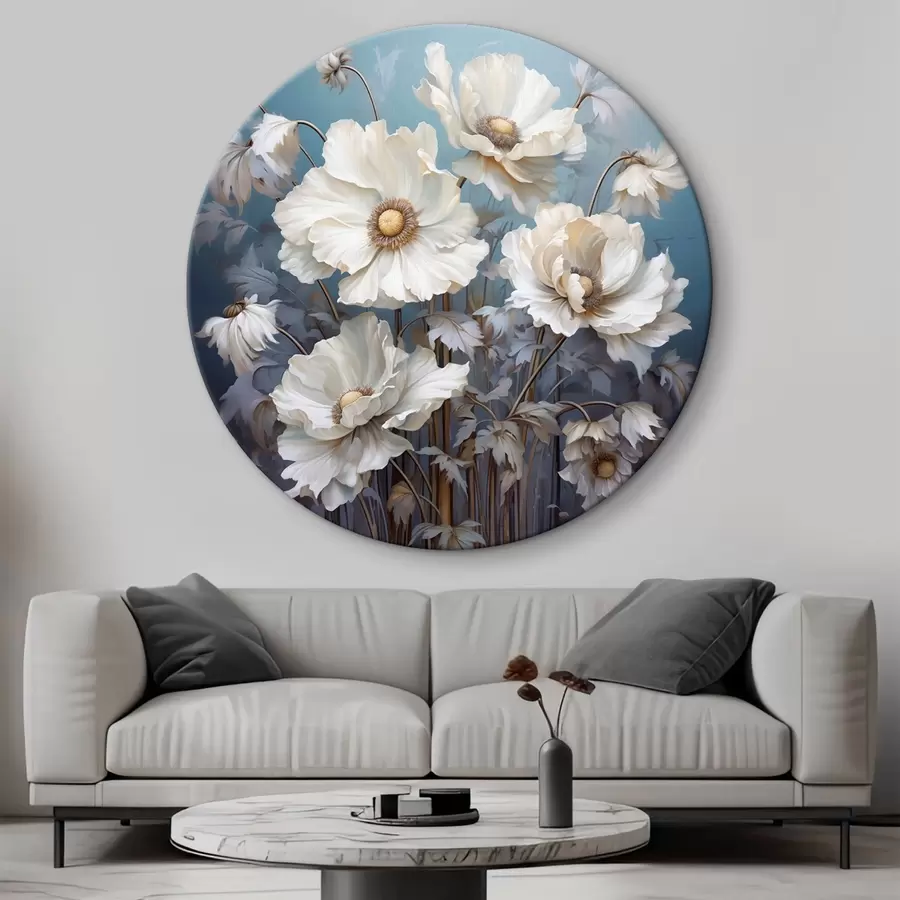 Glezna Balts peoniju pušķis uz zila fona gleznošanas stilā r43370