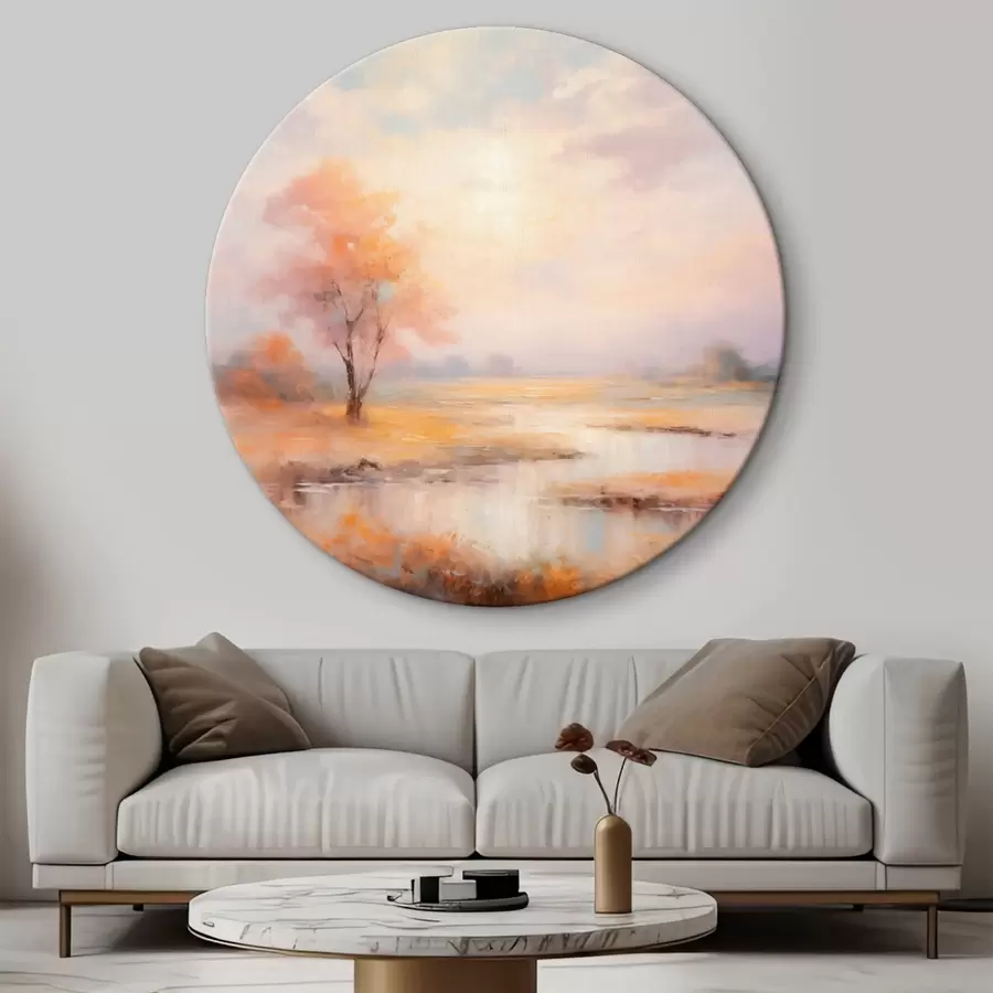 Glezna Ainava siltos toņos ar upi un koku r43375