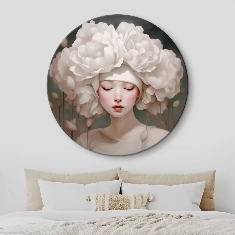 Glezna Meitene ar ziediem uz galvas maigos toņos r43385