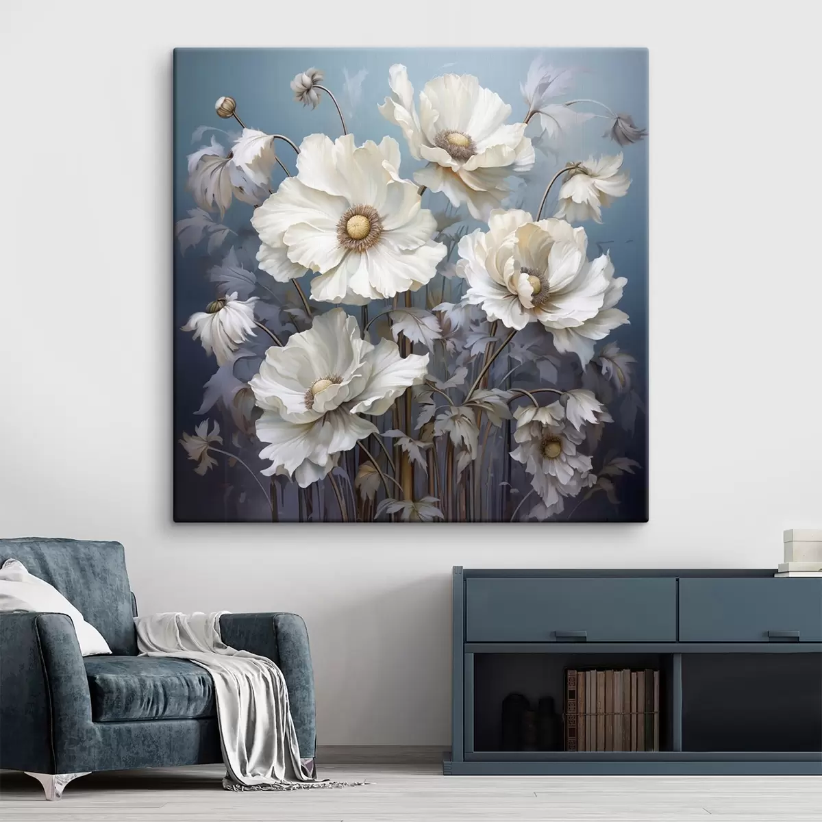 Glezna Balts peoniju pušķis uz zila fona gleznošanas stilā s43370