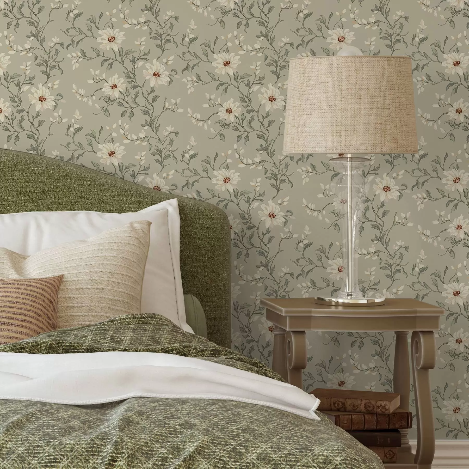 Fototapetes Balti ziedi ar vijīgām lapām uz gaiša fona a00001v1