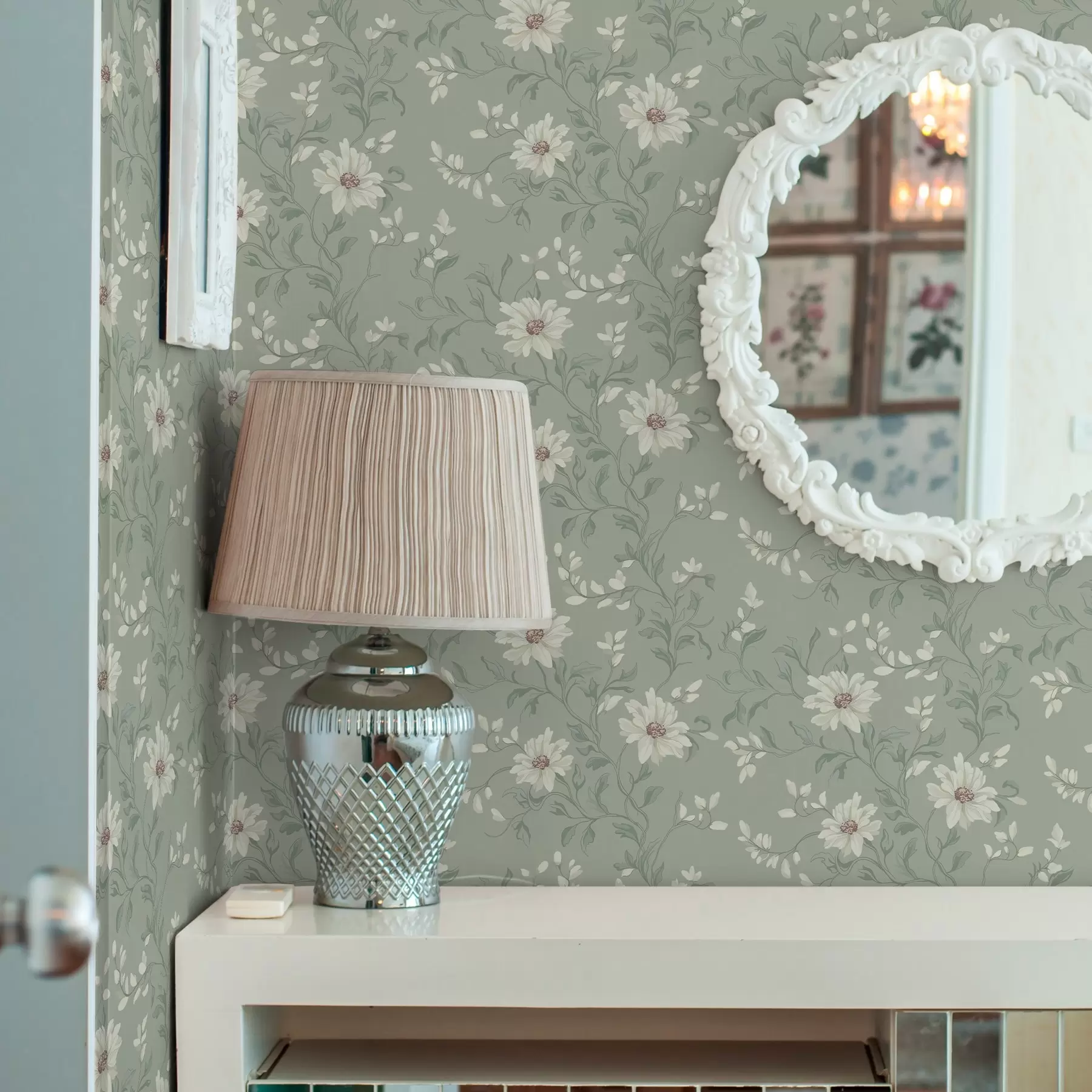 Fototapetes Balti ziedi ar vijīgām lapām a00001