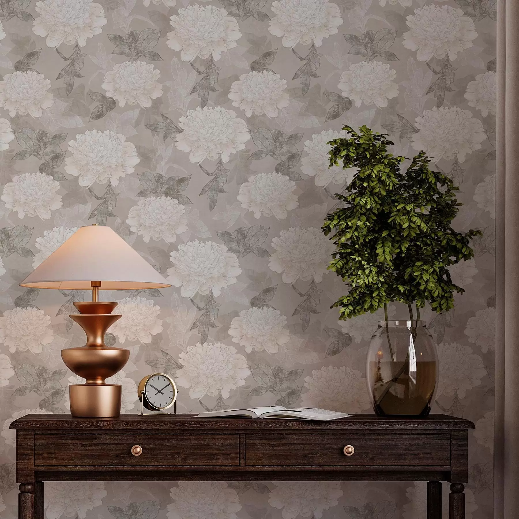 Fototapetes Gaišas krāsas peonijas un lapas grunge stilā a00005