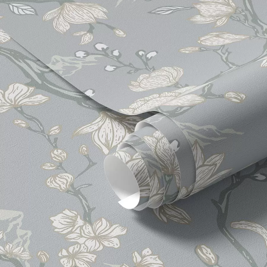 Fototapetes Balti ziedi uz zariem un kalniem uz zila fona a00021