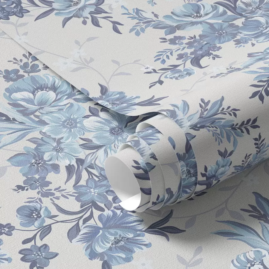 Fototapetes Maigi ziedi un lapas zilā un zilā krāsā uz gaiša fona a00027