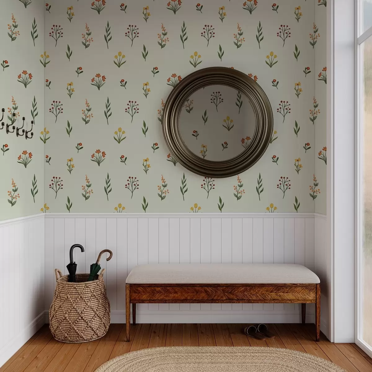 Tapetes Minimālistiski ziedi uz gaiši zaļa fona a00037