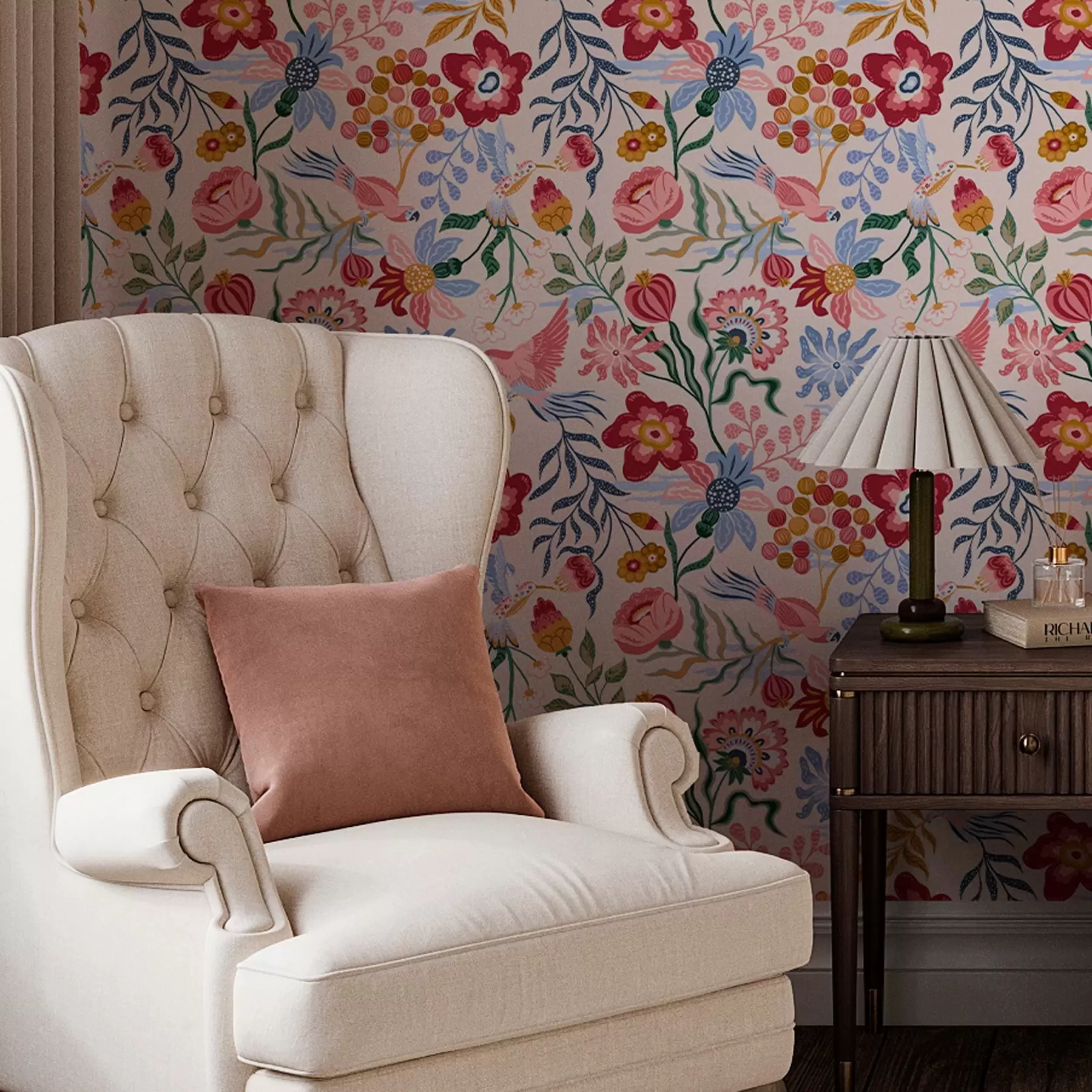 Fototapetes Spilgta ziedu un ogu kompozīcija ar papagaiļiem a00046