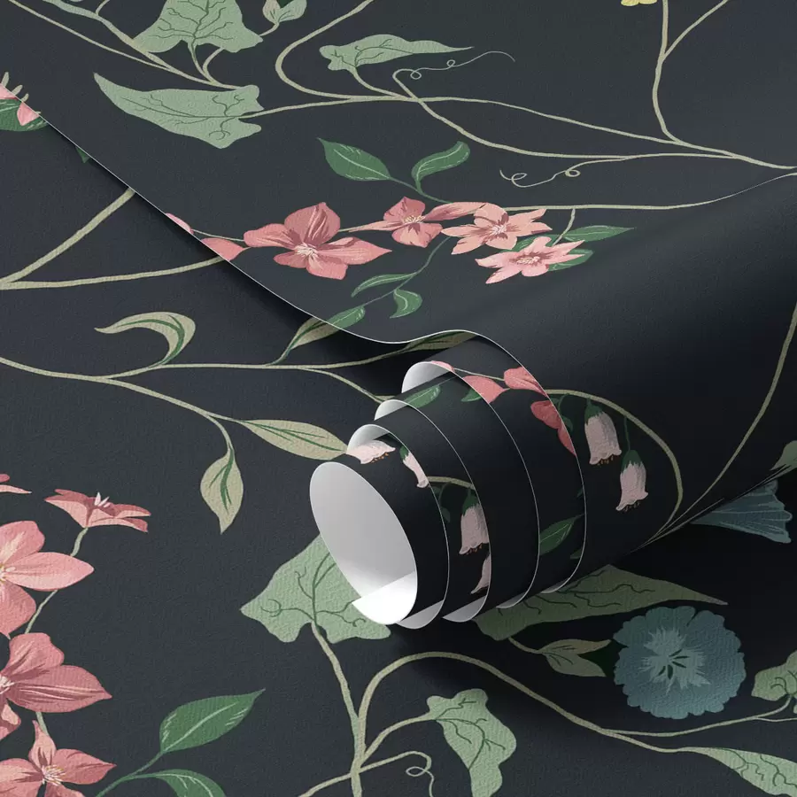 Fototapetes Ziedi, lapas un stublāji uz tumša fona a00047