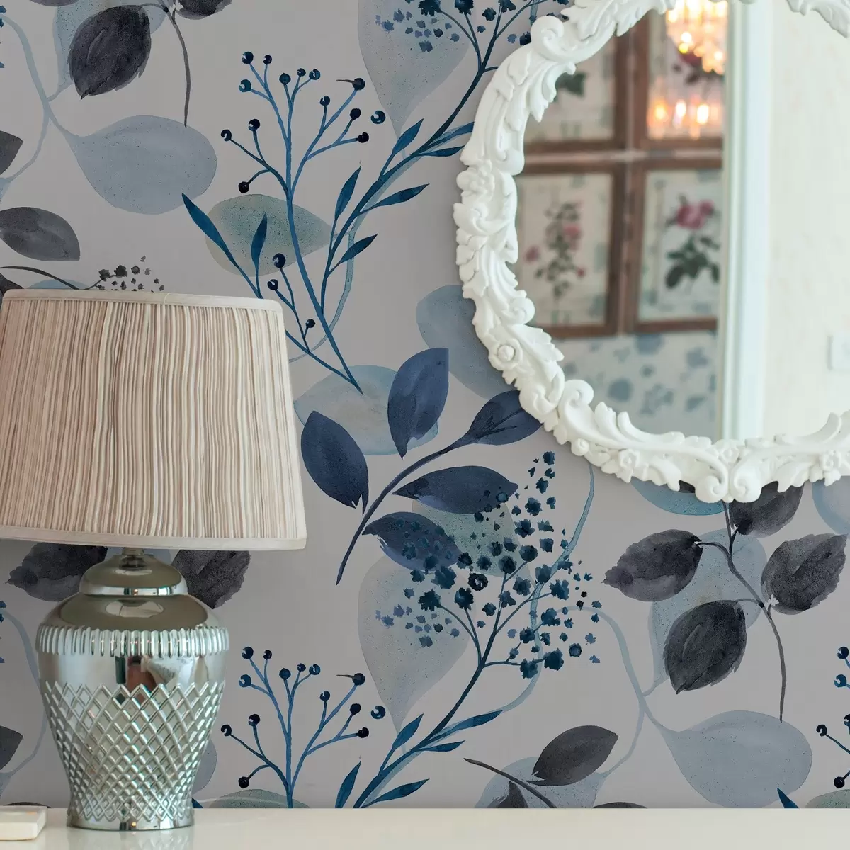 Tapetes Rudens lapas akvareļu stilā zilos toņos a00048v2